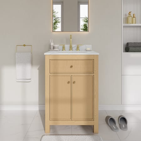 Wyndham Collection Pendry 24" Free Standing Single Basin Vanity Set with Cabinet and Quartz Vanity Top Tanned Oak / Giotto Quartz Top / Brushed Gold Hardware
