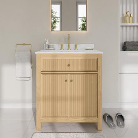 Wyndham Collection Pendry 30" Free Standing Single Basin Vanity Set with Cabinet and Cultured Marble Vanity Top Tanned Oak / Carrara Cultured Marble Top / Brushed Gold Hardware