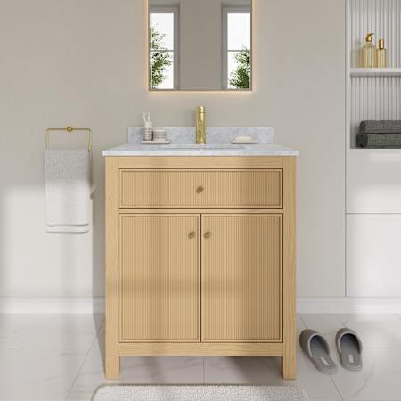 Wyndham Collection Pendry 30" Free Standing Single Basin Vanity Set with Cabinet and Marble Vanity Top Tanned Oak / Brushed Gold Hardware