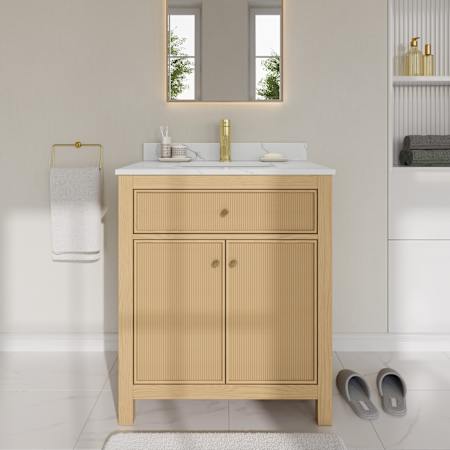 Wyndham Collection Pendry 30" Free Standing Single Basin Vanity Set with Cabinet and Quartz Vanity Top Tanned Oak / Giotto Quartz Top / Brushed Gold Hardware
