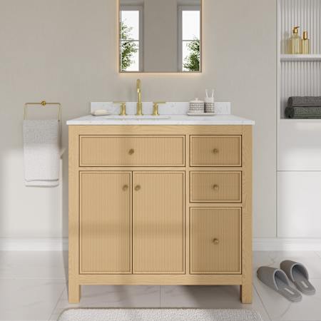 Wyndham Collection Pendry 36" Free Standing Single Basin Vanity Set with Cabinet and Cultured Marble Vanity Top Tanned Oak / Carrara Cultured Marble Top / Brushed Gold Hardware