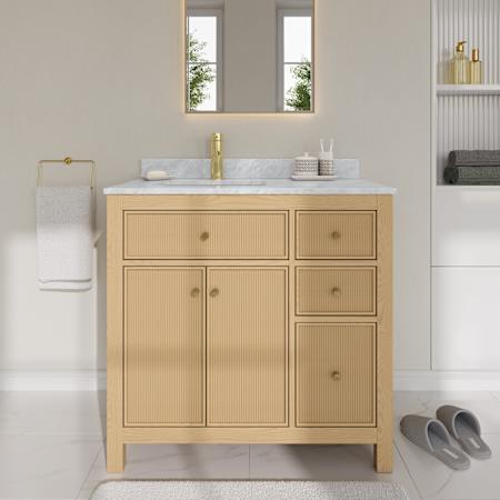 Wyndham Collection Pendry 36" Free Standing Single Basin Vanity Set with Cabinet and Marble Vanity Top Tanned Oak / Brushed Gold Hardware