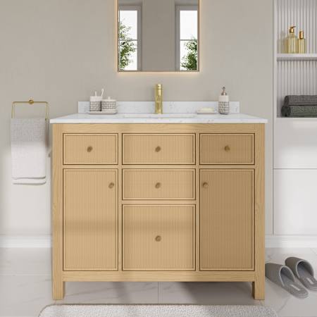 Wyndham Collection Pendry 42" Free Standing Single Basin Vanity Set with Cabinet and Cultured Marble Vanity Top Tanned Oak / Carrara Cultured Marble Top / Brushed Gold Hardware