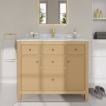 Wyndham Collection Pendry 42" Free Standing Single Basin Vanity Set with Cabinet and Marble Vanity Top Tanned Oak / Brushed Gold Hardware