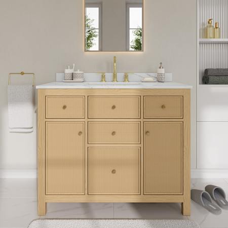 Wyndham Collection Pendry 42" Free Standing Single Basin Vanity Set with Cabinet and Quartz Vanity Top Tanned Oak / Giotto Quartz Top / Brushed Gold Hardware