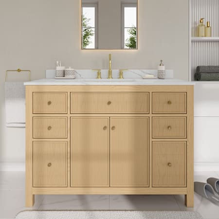 Wyndham Collection Pendry 48" Free Standing Single Basin Vanity Set with Cabinet and Quartz Vanity Top Tanned Oak / Giotto Quartz Top / Brushed Gold Hardware