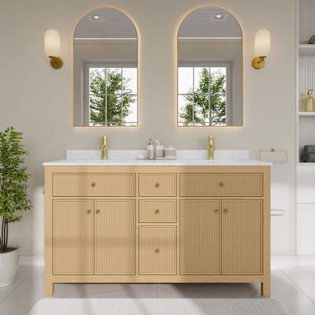 Wyndham Collection Pendry 60" Free Standing Double Basin Vanity Set with Cabinet and Cultured Marble Vanity Top Tanned Oak / Carrara Cultured Marble Top / Brushed Gold Hardware