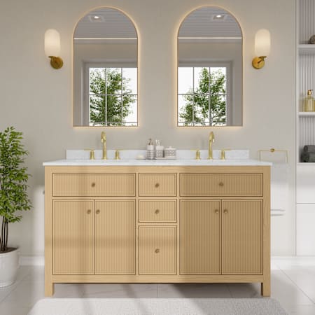 Wyndham Collection Pendry 60" Free Standing Double Basin Vanity Set with Cabinet and Cultured Marble Vanity Top Tanned Oak / Carrara Cultured Marble Top / Brushed Gold Hardware