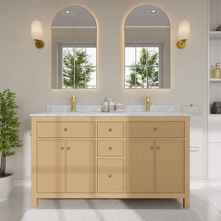 Wyndham Collection Pendry 60" Free Standing Double Basin Vanity Set with Cabinet and Marble Vanity Top Tanned Oak / Brushed Gold Hardware