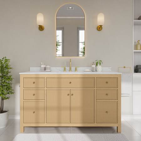 Wyndham Collection Pendry 60" Free Standing Single Basin Vanity Set with Cabinet and Quartz Vanity Top Tanned Oak / Giotto Quartz Top / Brushed Gold Hardware