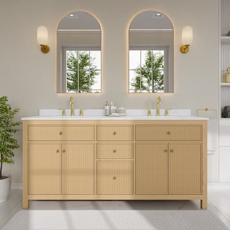 Wyndham Collection Pendry 72" Free Standing Double Basin Vanity Set with Cabinet and Cultured Marble Vanity Top Tanned Oak / Carrara Cultured Marble Top / Brushed Gold Hardware