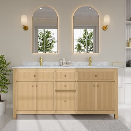 Wyndham Collection Pendry 72" Free Standing Double Basin Vanity Set with Cabinet and Marble Vanity Top Tanned Oak / Brushed Gold Hardware