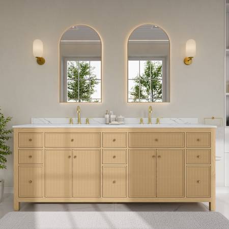 Wyndham Collection Pendry 84" Free Standing Double Basin Vanity Set with Cabinet and Quartz Vanity Top Tanned Oak / Giotto Quartz Top / Brushed Gold Hardware