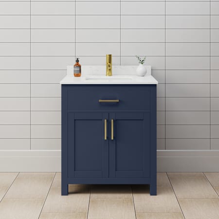 Wyndham Collection Beckett 30" Free Standing Single Basin Vanity Set with Cabinet and Cultured Marble Vanity Top Dark Blue / Carrara Cultured Marble Top / Brushed Gold Hardware
