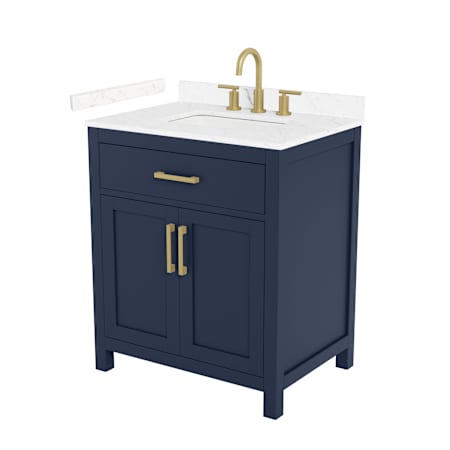 Wyndham Collection Beckett 30" Free Standing Single Basin Vanity Set with Cabinet and Cultured Marble Vanity Top for Widespread Faucets Dark Blue / Carrara Cultured Marble Top / Brushed Gold Hardware