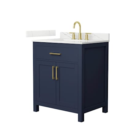 Wyndham Collection Beckett 30" Free Standing Single Basin Vanity Set with Cabinet and Quartz Vanity Top Dark Blue / Giotto Quartz Top / Brushed Gold Hardware