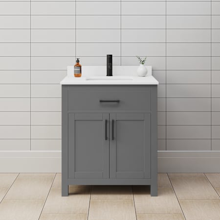 Wyndham Collection Beckett 30" Free Standing Single Basin Vanity Set with Cabinet and Cultured Marble Vanity Top Dark Gray / White Cultured Marble Top / Matte Black Hardware