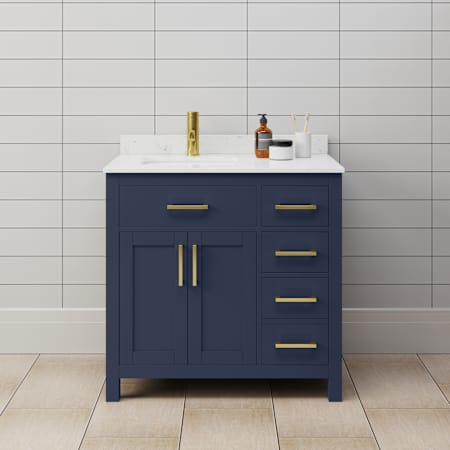 Wyndham Collection Beckett 36" Free Standing Single Basin Vanity Set with Cabinet and Cultured Marble Vanity Top Dark Blue / Carrara Cultured Marble Top / Brushed Gold Hardware