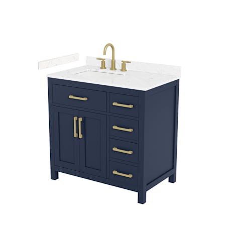 Wyndham Collection Beckett 36" Free Standing Single Basin Vanity Set with Cabinet and Cultured Marble Vanity Top for Widespread Faucets Dark Blue / Carrara Cultured Marble Top / Brushed Gold Hardware