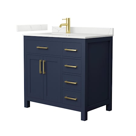 Wyndham Collection Beckett 36" Free Standing Single Basin Vanity Set with Cabinet and Quartz Vanity Top Dark Blue / Giotto Quartz Top / Brushed Gold Hardware