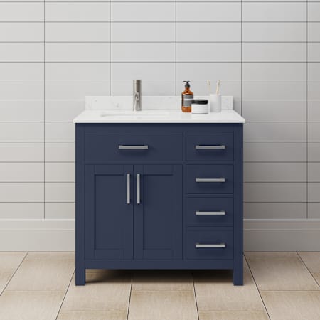 Wyndham Collection Beckett 36" Free Standing Single Basin Vanity Set with Cabinet and Cultured Marble Vanity Top Dark Blue / Carrara Cultured Marble Top / Brushed Nickel Hardware