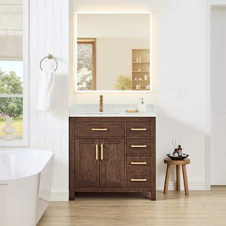 Wyndham Collection Beckett 36" Free Standing Single Basin Vanity Set with Cabinet and Cultured Marble Vanity Top for Single Hole Faucets Dark Walnut / Carrara Cultured Marble Top / Brushed Gold Hardware
