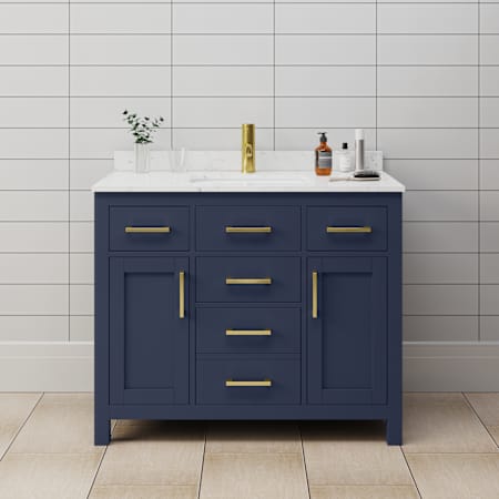 Wyndham Collection Beckett 42" Free Standing Single Basin Vanity Set with Cabinet and Cultured Marble Vanity Top Dark Blue / Carrara Cultured Marble Top / Brushed Gold Hardware