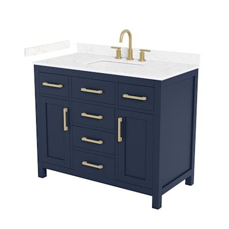 Wyndham Collection Beckett 42" Free Standing Single Basin Vanity Set with Cabinet and Cultured Marble Vanity Top for Widespread Faucets Dark Blue / Carrara Cultured Marble Top / Brushed Gold Hardware