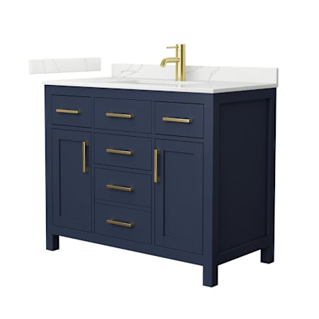 Wyndham Collection Beckett 42" Free Standing Single Basin Vanity Set with Cabinet and Quartz Vanity Top Dark Blue / Giotto Quartz Top / Brushed Gold Hardware