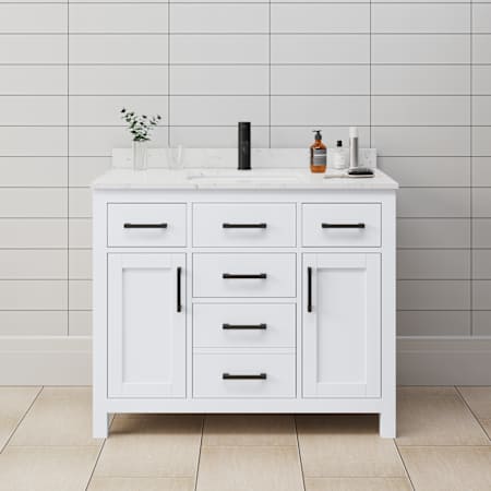 Wyndham Collection Beckett 42" Free Standing Single Basin Vanity Set with Cabinet and Cultured Marble Vanity Top White / Carrara Cultured Marble Top / Matte Black Hardware