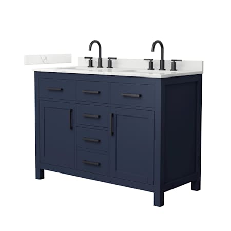 Wyndham Collection Beckett 48" Free Standing Double Basin Vanity Set with Cabinet and Quartz Vanity Top for Widespread Faucets Dark Blue / Giotto Quartz Top / Matte Black Hardware
