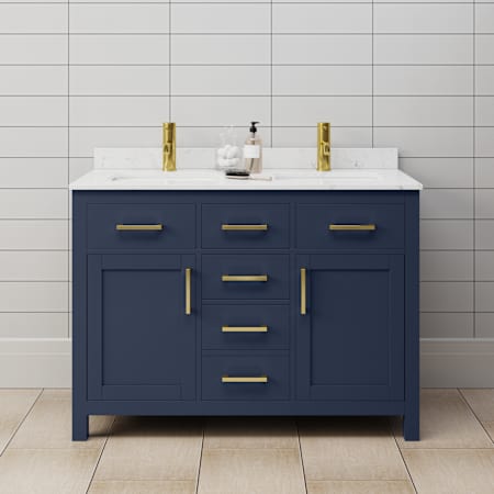 Wyndham Collection Beckett 48" Free Standing Double Basin Vanity Set with Cabinet and Cultured Marble Vanity Top Dark Blue / Carrara Cultured Marble Top / Brushed Gold Hardware
