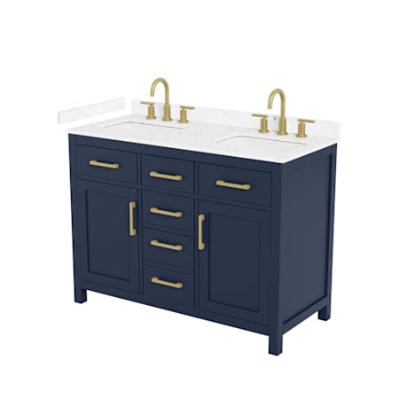 Wyndham Collection Beckett 48" Free Standing Double Basin Vanity Set with Cabinet and Cultured Marble Vanity Top for Widespread Faucets Dark Blue / Carrara Cultured Marble Top / Brushed Gold Hardware