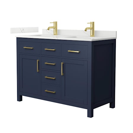Wyndham Collection Beckett 48" Free Standing Double Basin Vanity Set with Cabinet and Quartz Vanity Top Dark Blue / Giotto Quartz Top / Brushed Gold Hardware