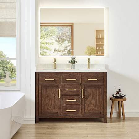 Wyndham Collection Beckett 48" Free Standing Double Basin Vanity Set with Cabinet and Cultured Marble Vanity Top for Single Hole Faucets Dark Walnut / Carrara Cultured Marble Top / Brushed Gold Hardware