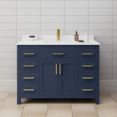 Wyndham Collection Beckett 48" Free Standing Single Basin Vanity Set with Cabinet and Cultured Marble Vanity Top Dark Blue / Carrara Cultured Marble Top / Brushed Gold Hardware
