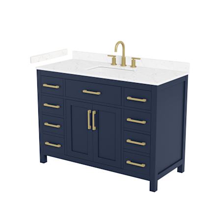 Wyndham Collection Beckett 48" Free Standing Single Basin Vanity Set with Cabinet and Cultured Marble Vanity Top for Widespread Faucets Dark Blue / Carrara Cultured Marble Top / Brushed Gold Hardware