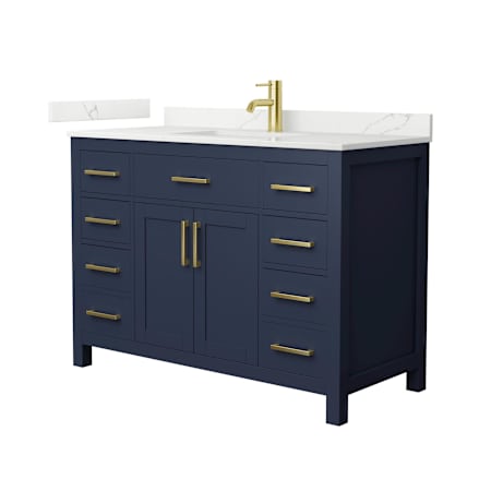 Wyndham Collection Beckett 48" Free Standing Single Basin Vanity Set with Cabinet and Quartz Vanity Top Dark Blue / Giotto Quartz Top / Brushed Gold Hardware