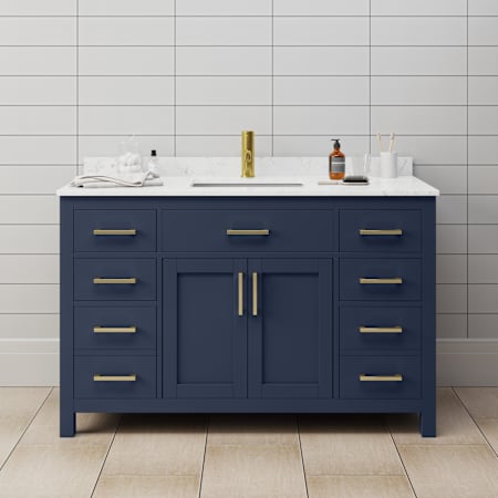 Wyndham Collection Beckett 54" Free Standing Single Basin Vanity Set with Cabinet and Cultured Marble Vanity Top Dark Blue / Carrara Cultured Marble Top / Brushed Gold Hardware