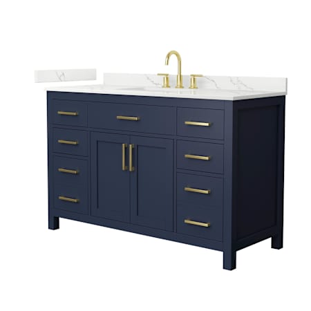 Wyndham Collection Beckett 54" Free Standing Single Basin Vanity Set with Cabinet and Quartz Vanity Top Dark Blue / Giotto Quartz Top / Brushed Gold Hardware