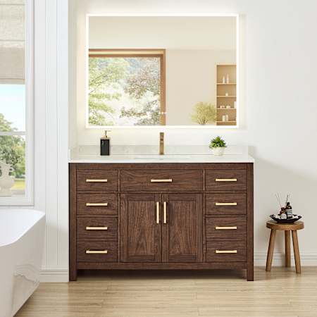 Wyndham Collection Beckett 54" Free Standing Single Basin Vanity Set with Cabinet and Cultured Marble Vanity Top for Single Hole Faucets Dark Walnut / Carrara Cultured Marble Top / Brushed Gold Hardware