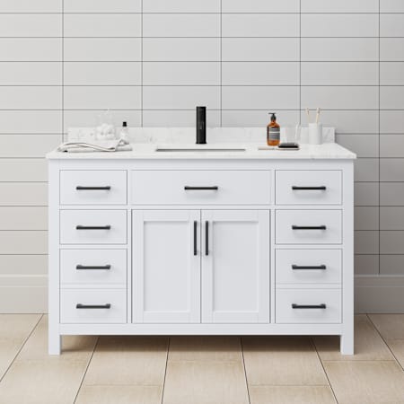 Wyndham Collection Beckett 54" Free Standing Single Basin Vanity Set with Cabinet and Cultured Marble Vanity Top White / Carrara Cultured Marble Top / Matte Black Hardware