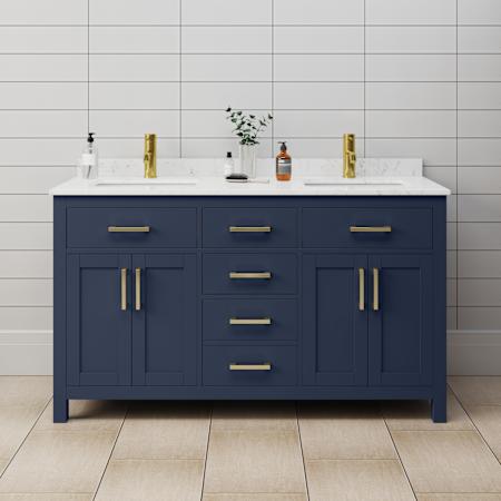 Wyndham Collection Beckett 60" Free Standing Double Basin Vanity Set with Cabinet and Cultured Marble Vanity Top Dark Blue / Carrara Cultured Marble Top / Brushed Gold Hardware