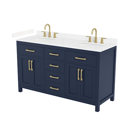 Wyndham Collection Beckett 60" Free Standing Double Basin Vanity Set with Cabinet and Cultured Marble Vanity Top for Widespread Faucets Dark Blue / Carrara Cultured Marble Top / Brushed Gold Hardware