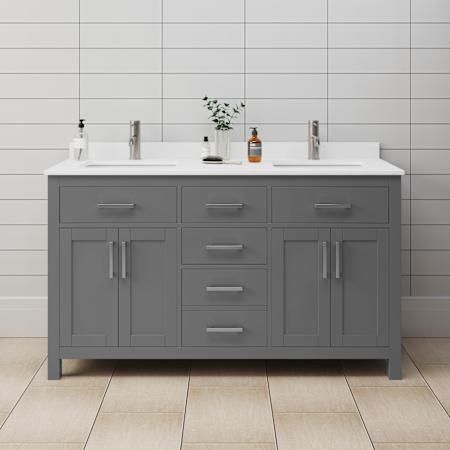Wyndham Collection Beckett 60" Free Standing Double Basin Vanity Set with Wood Cabinet and Cultured Marble Vanity Top Dark Gray / White Cultured Marble Top / Brushed Nickel Hardware