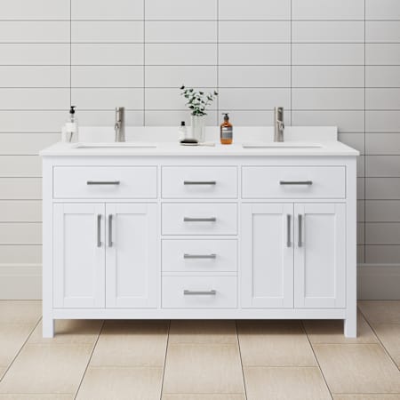 Wyndham Collection Beckett 60" Free Standing Double Basin Vanity Set with Wood Cabinet and Cultured Marble Vanity Top White / White Cultured Marble Top / Brushed Nickel Hardware