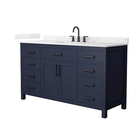Wyndham Collection Beckett 60" Free Standing Single Basin Vanity Set with Cabinet and Quartz Vanity Top for Widespread Faucets Dark Blue / Giotto Quartz Top / Matte Black Hardware