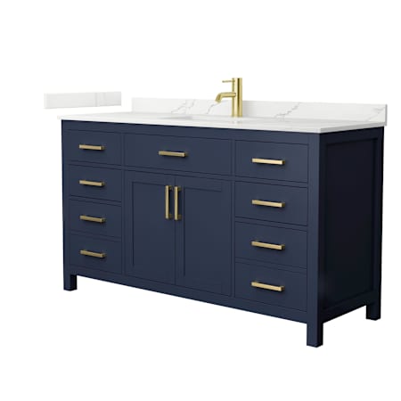 Wyndham Collection Beckett 60" Free Standing Single Basin Vanity Set with Cabinet and Quartz Vanity Top Dark Blue / Giotto Quartz Top / Brushed Gold Hardware