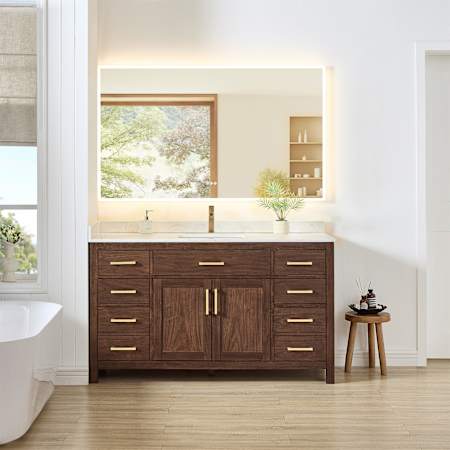 Wyndham Collection Beckett 60" Free Standing Single Basin Vanity Set with Cabinet and Cultured Marble Vanity Top for Single Hole Faucets Dark Walnut / Carrara Cultured Marble Top / Brushed Gold Hardware