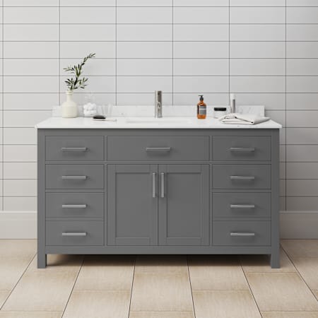 Wyndham Collection Beckett 60" Free Standing Single Basin Vanity Set with Wood Cabinet and Cultured Marble Vanity Top Dark Gray / Carrara Cultured Marble Top / Brushed Nickel Hardware